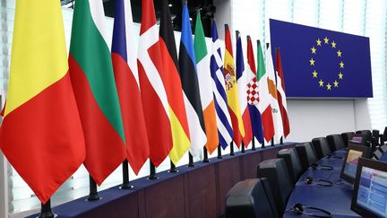 Des drapeaux européens au siège du Parlement européen, à Strasbourg, le 10 février 2024. (FREDERICK FLORIN / AFP)