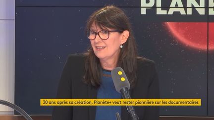 Christine Cauquelin,&nbsp;directrice des chaînes Découverte et des documentaires du groupe Canal+, annonce des résultats d'audience en hausse dans les 18 derniers mois sur Planète+ Crime Investigation. (FRANCEINFO / RADIOFRANCE)