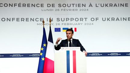 The President of the Republic, Emmanuel Macron, gives a press conference following a conference in support of Ukraine, on February 26, 2024 at the Elysée.  (GONZALO FUENTES / AFP)