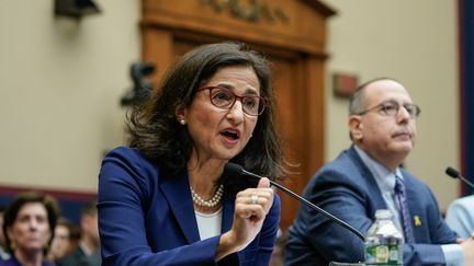 Minouche Shafik during a conference at Columbia University, on April 17, 2024 in New York (United States). (DREW ANGERER / AFP)