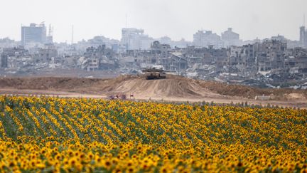 An Israeli army tank deploys near a field of sunflowers on Israel's southern border with the Gaza Strip on May 28, 2024. (MENAHEM KAHANA / AFP)