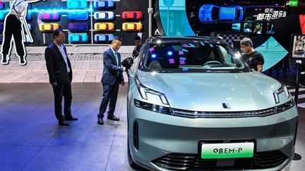 A Lynk & Co 08 EM-P car is displayed during the 20th Shanghai International Automobile Industry Exhibition, in Shanghai, April 19, 2023. (HECTOR RETAMAL / AFP)