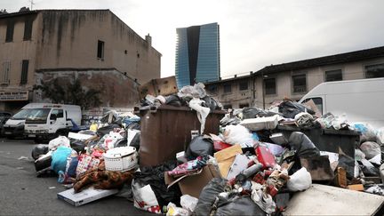 Des tas d'ordures non ramassées s'amoncellent à Marseille en raison de la grève de certains éboueurs, samedi 26 décembre 2020. (VALERIE VREL / MAXPPP)