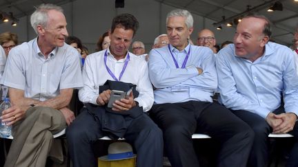 Jean-Dominique Senard, Geoffroy Roux de Bezieux, Alexandre Saubot et Pierre Gattaz, lors de l'université d'été du Medef le 29&nbsp;août 2017. (ERIC PIERMONT / AFP)