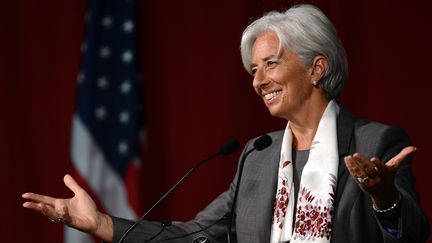 Christine Lagarde, la directrice g&eacute;n&eacute;rale du FMI, donne une conf&eacute;rence &agrave; l'universit&eacute; de&nbsp;Harvard (Etats-Unis), le 23 mai 2012. (EMMANUEL DUNAND / AFP)