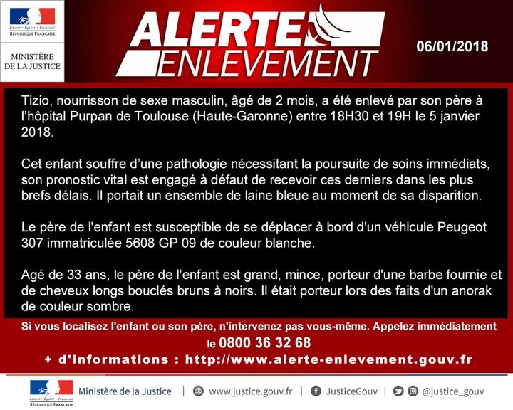 Une alerte enlèvement a été déclenchée pour retrouver un nourrisson de 2 mois, enlevé à l'hôpital Purpan de Toulouse (Haute-Garonne) par son père. (MINISTERE DE LA JUSTICE)