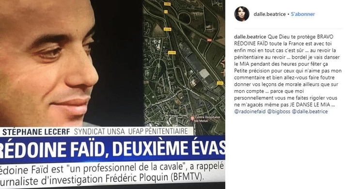 Capture d'écran du message posté sur Instagram par l'actrice Béatrice Dalle, le 1er juillet 2018. (INSTAGRAM)