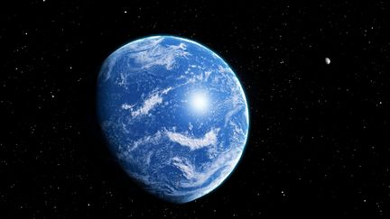 Vue d'artiste d'une potentielle exoplanète recouverte d'un océan. (MARK GARLICK / MGA / AFP)