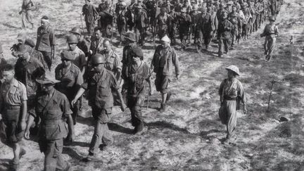 Prisonniers du corps expéditionnaire français à Dien Bien Phu, escortés par des soldats vietnamiens. Photo prise en mai 1954. (AFP / VNA FILES)