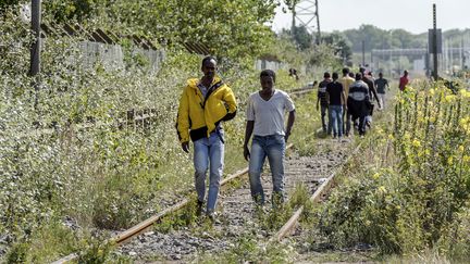 Des migrants marchent le long d'un chemin de fer, &agrave; Calais (Nord), le 5 ao&ucirc;t 2014. (PHILIPPE HUGUEN / AFP)