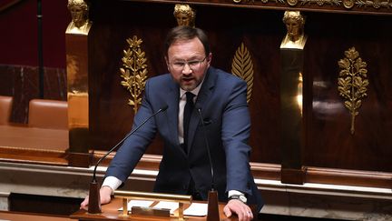 Le député&nbsp;MoDem&nbsp;Patrick Mignola qui presente avec&nbsp;Jean-Noël Barrot&nbsp;la proposition de loi pour le vote a distance, à l'Assemblée nationale, en avril 2020.&nbsp; (DAVID NIVIERE / AFP)