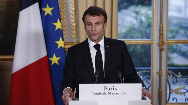 French President Emmanuel Macron during a press conference at the Elysee Palace in Paris on March 24, 2023. (YOAN VALAT / POOL / AFP)