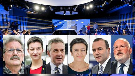 Nico Cué,&nbsp;Ska Keller,&nbsp;Jan Zahradil,&nbsp;Margrethe Vestager,&nbsp;Manfred Weber et Frans Timmermans (de gauche à droite), les candidats à la présidence de la Commission européenne. (PARLEMENT EUROPEEN)