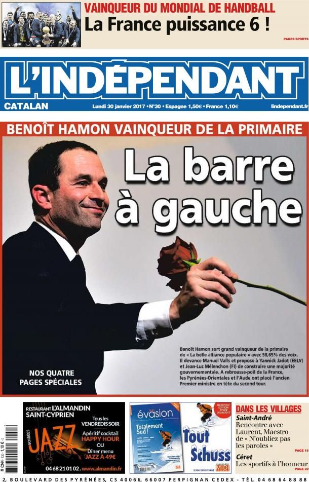 La une de "L'Indépendant", le 30 janvier 2017. (L'INDEPENDANT)