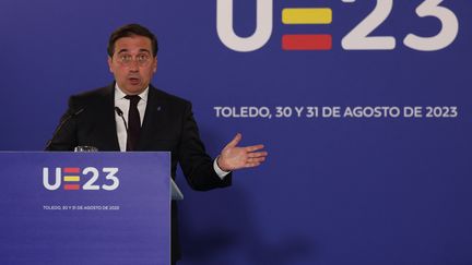 The Spanish Minister of Foreign Affairs, José Manuel Albares, at a press conference in Toledo on August 31, 2023. (PIERRE-PHILIPPE MARCOU / AFP)