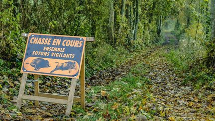 Panneau d'avertissement de zone de chasse et de battue.&nbsp; (JEAN-MARC QUINET / MAXPPP)