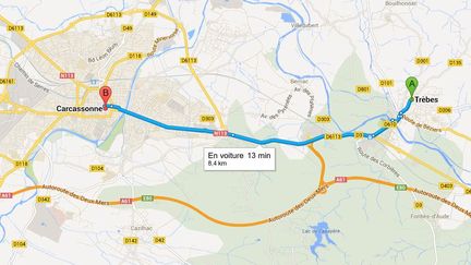 Un accident de voiture a fait cinq morts entre Carcassonne et Tr&egrave;bes (Aude), le 10 ao&ucirc;t 2013. ( GOOGLE MAPS / FRANCETV INFO )