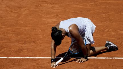 Naomis Osaka, samedi 1er juin 2019 à Roland-Garros, lors du match qui l'opposait à la Tchèque&nbsp;Katerina Siniakova. (THOMAS SAMSON / AFP)