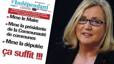 Photomontage de la une de "L'Ind&eacute;pendant de l'Yonne", dat&eacute; du 27 janvier 2015, et de la d&eacute;put&eacute;e-maire de Sens, Marie-Louise Fort. (L'INDEPENDANT DE L'YONNE / IBO / SIPA / FRANCETV INFO)