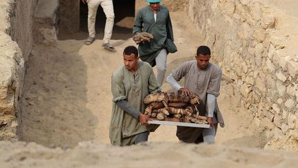 La découverte a eu lieu autour d'une zone rocailleuse bordant le complexe funéraire d'Ouserkaf, dans la nécropole royale de Saqqara. Le site est une vaste nécropole de la région de l'ancienne Memphis, où se trouvent d'innombrables tombes et les premières pyramides pharaoniques. (KHALED DESOUKI / AFP)