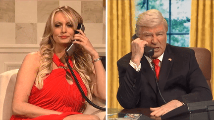 Stormy Daniels sur le plateau du "Saturday night live", avec Alec Baldwin, le 5 mai 2018.&nbsp; (SNL / NBC)