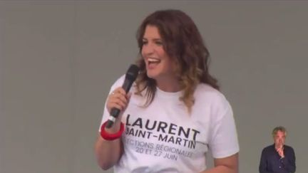 Marlène Schiappa lors du meeting de campagne pour les régionales de Laurent Saint-Martin, le 12 juin 2021 au parc Floral à Paris. (CAPTURE D'ECRAN TWITTER)