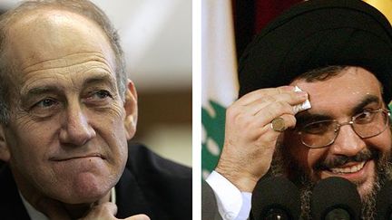 Le Premier ministre israélien, Ehud Olmert et Hassan Nasrallah, le chef de la milice libanaise du Hezbollah. (AFP / Menahem Kahana Haitham Mussawi)