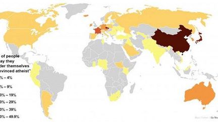 Carte de l'athéisme dans le monde (d'après un sondage Gallup) : Plus la couleur est foncée, plus l'athéisme est important dans le pays. (Washington Post)