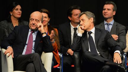 Alain Juppé et Nicolas Sarkozy lors d'un meeting de la candidate aux élections&nbsp;régionales Virginie Calmels en Aquitaine, le 15 octobre 2015. (MAXPPP)