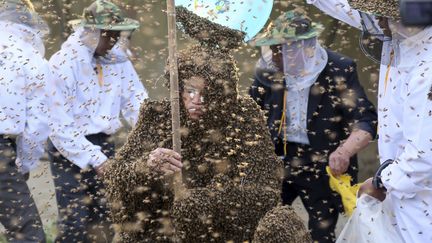 Recouvert de 326 000 abeilles, le Chinois&nbsp;Gao Bingguo est entr&eacute; au livre Guinness des records &agrave; Taian (Chine), le 27 mai 2014. (REUTERS)