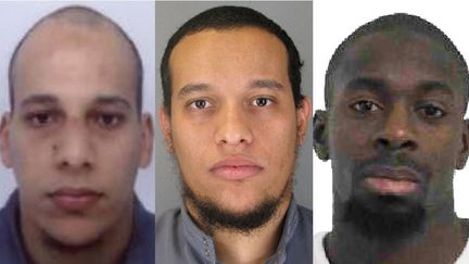 Les deux auteurs de l'attentat contre "Charlie Hebdo", Ch&eacute;rif Kouachi&nbsp;(G) et Sa&iuml;d Kouachi (C), et l'auteur des fusillades de Montrouge (Hauts-de-Seine) et de la porte de&nbsp;Vincennes, Amedy Coulibaly. (POLICE NATIONALE)