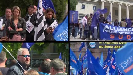 L'agent qui a tué deux hommes forçant un barrage près du Pont-Neuf, le 24 avril, a été mis en examen pour meurtre. Des rassemblements de policiers ont eu lieu, lundi 2 mai, devant les tribunaux et les commissariats de plusieurs villes du pays.&nbsp;&nbsp; (CAPTURE D'ÉCRAN FRANCE 3)