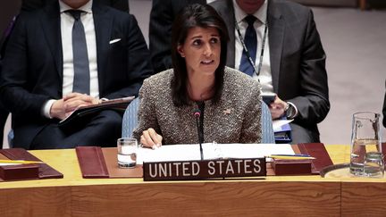 L'ambassadrice américaine à l'ONU, Nikki Haley, lors de la réunion du Conseil de sécurité consacrée à la Corée du Nord, le 29 novembre 2017. (DREW ANGERER / GETTY IMAGES NORTH AMERICA / AFP)