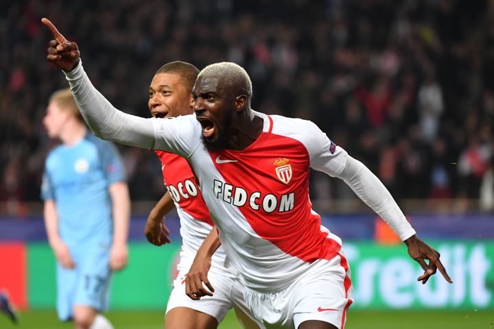 Le milieu monégasque Tiémoué Bakayoko fête son but en huitième de finale de la Ligue des champions contre Manchester City, le 15 mars 2017. (PASCAL GUYOT / AFP)