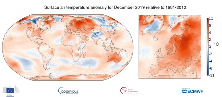 Anomalie de la température de l'air en surface en décembre 2019 par rapport&nbsp;à la moyenne mensuelle de 1981 à 2010.
&nbsp; (COPERNICUS CLIMATE CHANGE SERVICE/ECMW)