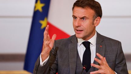 Emmanuel Macron speaks during an international humanitarian conference for civilians in Gaza, November 9, 2023, at the Elysée (Paris).  (LUDOVIC MARIN / POOL / AFP)