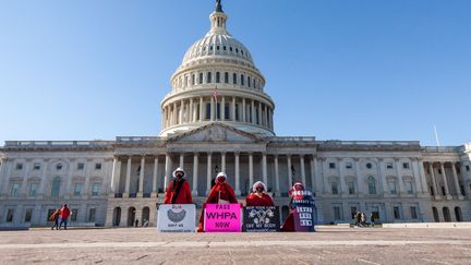 Des manifestantes vêtues des costumes de "La servante écarlate" protestent contre les restrictions au droit à l'avortement devant le Capitole à Washington, le 27 novembre 2021. (ALLISON BAILEY / NURPHOTO / AFP)