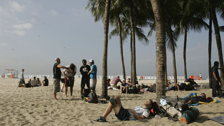 Un supporter v&ecirc;tu du maillot de l'Argentine dort sous un palmier, sur la plage de Copacabana, &agrave; Rio (Br&eacute;sil), le 16 juin 2014. (ALESSANDRO COSTA / AGENCIA ESTADAO / AFP)