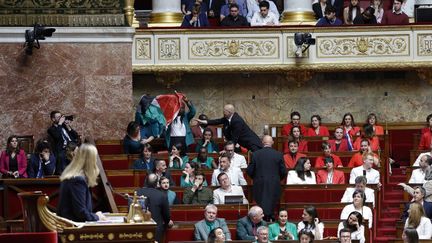 La députée LFI Rachel Keke brandit un drapeau palestinien à l'Assemblée nationale, le 4 juin 2024. (GEOFFROY VAN DER HASSELT / AFP)