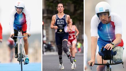 Alexis Hanquinquant, Elise Marc et Jules Ribstein visent l'or en paratriathlon, le 1er septembre 2024, aux Jeux paralympiques de Paris. (AFP)