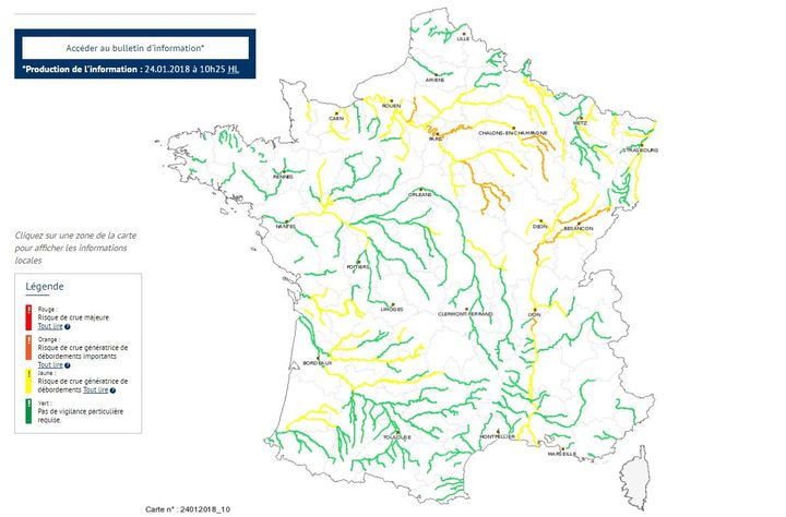 La carte de Vigicrues, actualisée en temps réel, le 24 janvier, à 15h46. (VIGICRUES)