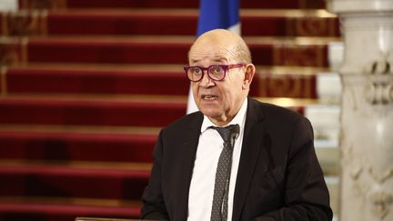 Le ministre des Affaires étrangères, Jean-Yves Le Drian, lors d'une conférence de presse au Caire (Egypte), le 11 janvier 2021. (KHALED DESOUKI / AFP)