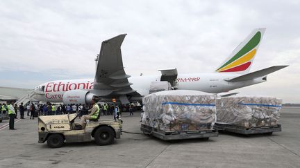 Arrivée de masques et de tests pour lutter contre le Covid-19 à l'aéroport international d'Addis Abeba en Ethiopie, donnés à l'Afrique par le milliardaire chinois Jack Ma. Photo prise le 23 mars 2020. (REUTERS/Tiksa Negeri)