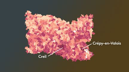 La carte des taux d'abstention dans les communes de l'Oise, au premier tour des élections municipales 2020 (FRANCEINFO)