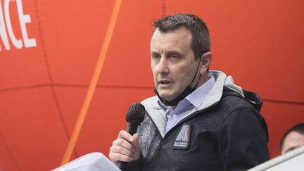 Le secrétaire général du syndicat Alliance Police nationale, Fabien Vanhemelryck, le 19 mai 2021 lors d'une manifestation de policiers devant l'Assemblée nationale, à Paris. (MAXPPP)