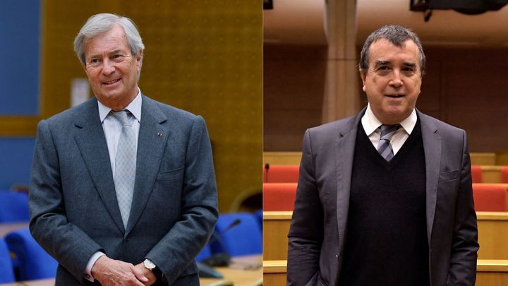 Vincent Bolloré (à gauche) et Arnaud Lagardère (à droite) devant la commission d'enquête parlementaire sur la concentration des médias, au Sénat français. (THOMAS SAMSON - JULIEN DE ROSA / AFP)