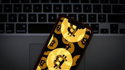 Le logo&nbsp;du bitcoin affiché sur un téléphone portable, le 22 janvier 2019. (JAAP ARRIENS / NURPHOTO / AFP)