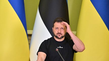 Le président ukrainien, Volodymyr Zelensky, lors d'une conférence de presse à Kiev, le 2 juin 2023. (SERGEI SUPINSKY / AFP)