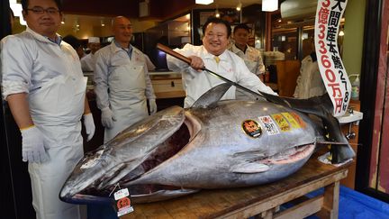 Un dirigeant de restaurant célèbre son achat, au prix record de 2,7 millions d'euros, d'un thon de plus de 270 kilos à Tokyo (Japon), le 5 janvier 2019. (KAZUHIRO NOGI / AFP)