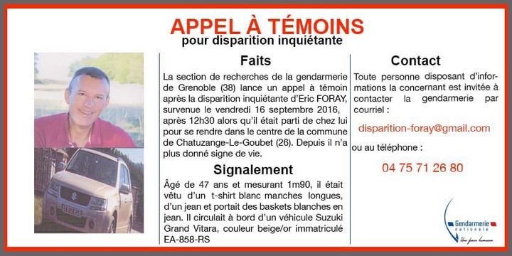 L'appel à témoins concernant la disparition inquiétante d'Éric Foray, le 16 septembre 2016 (GENDARMERIE NATIONALE)